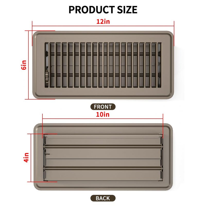 FanGoFast 4"" x 10"" (Duct Opening Size) Floor Register Brown 6 Pack Premium Steel Easy Adjust Floor Vent Cover for Home - Image 2